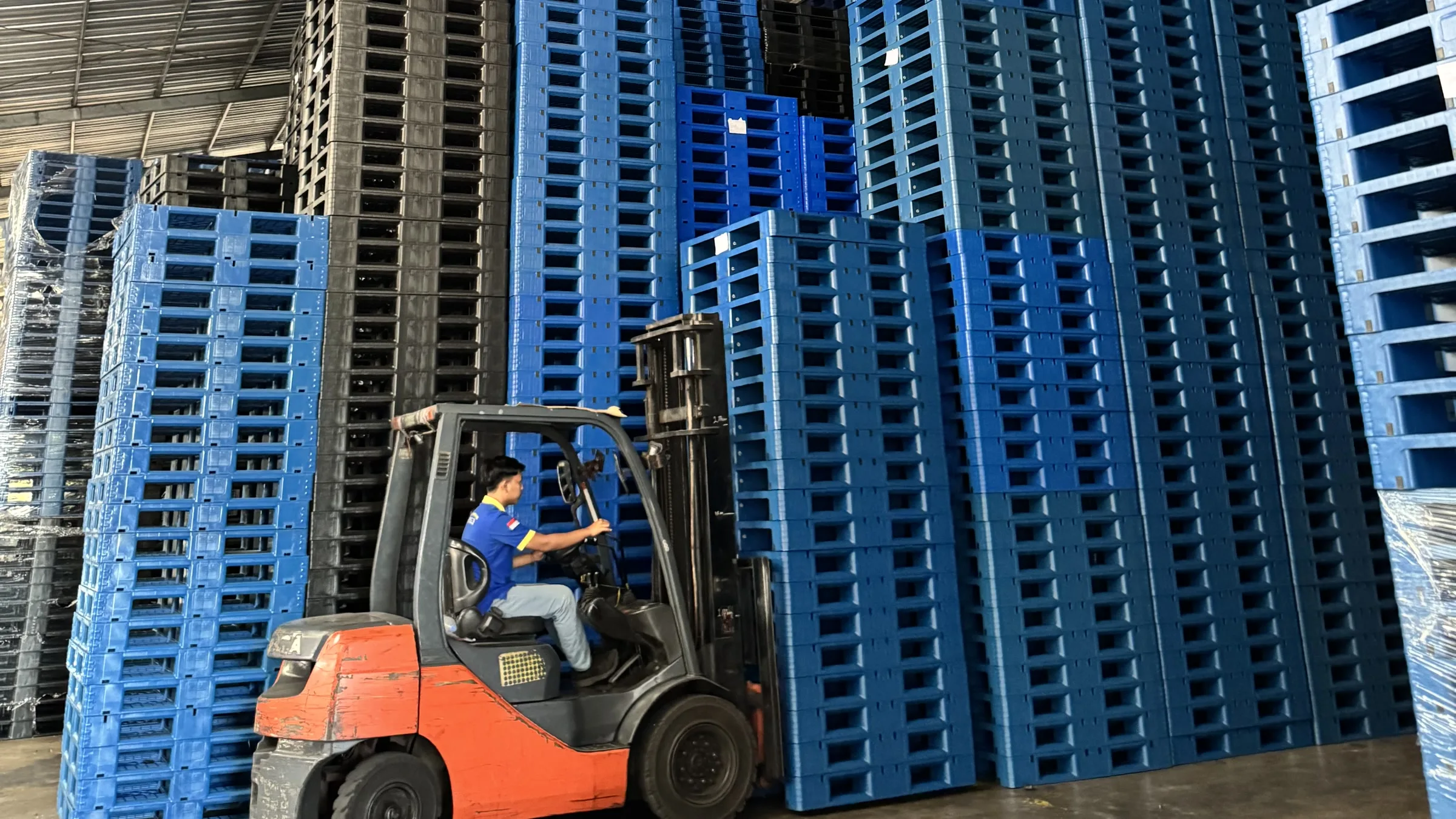 Penanganan stok pallet plastik dengan forklift